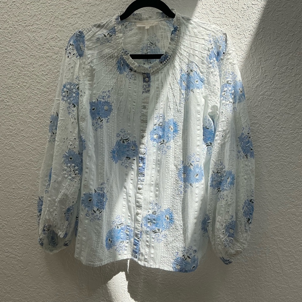 LoveShackFancy White and Blue Floral Blouse size L cotton BRAND NEW